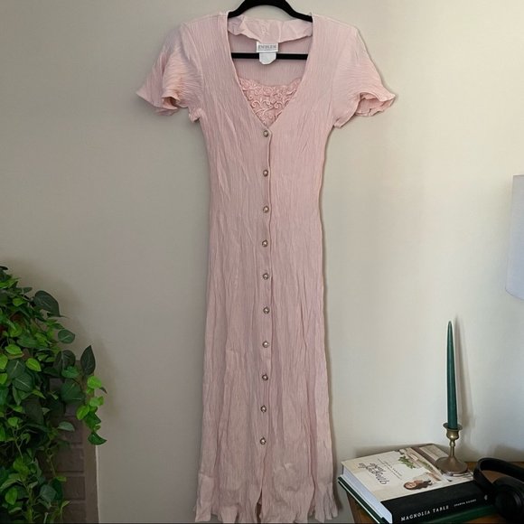 Vintage button down pink romantic flutter sleeve midi dress size 4 - Picture 2 of 11
